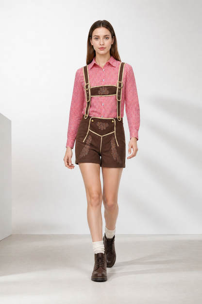Bavarian Costume with Suspenders and Plaid Shirt on-model alternate view