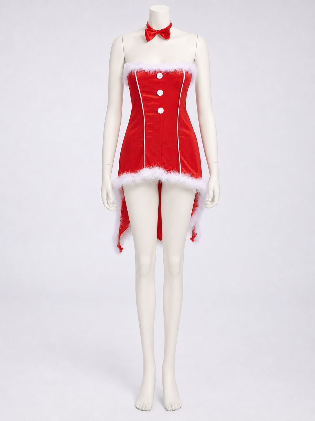 Red Christmas cosplay costume designed as a Santa Claus look. The set includes a festive costume in a red color theme with white decorative elements. The design features a sleeveless bustier silhouette, a red dress with a fitted contour, an