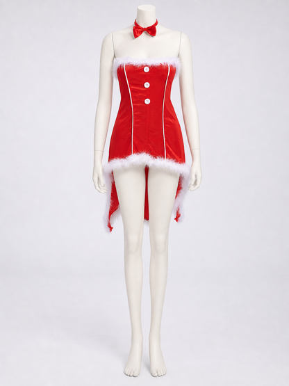Red Christmas cosplay costume designed as a Santa Claus look. The set includes a festive costume in a red color theme with white decorative elements. The design features a sleeveless bustier silhouette, a red dress with a fitted contour, an