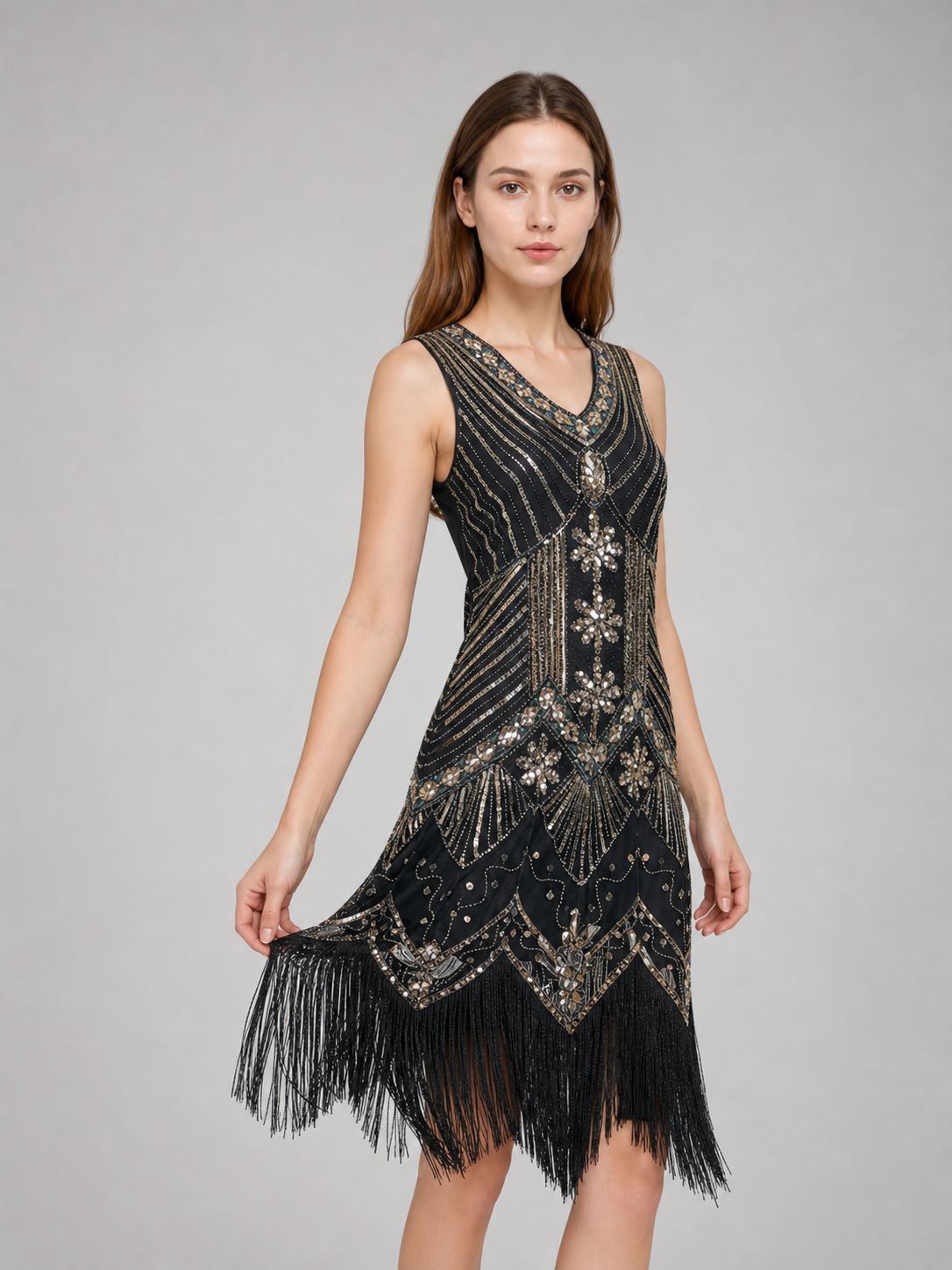 Art Deco Dress with Geometric Decoration and Fringe