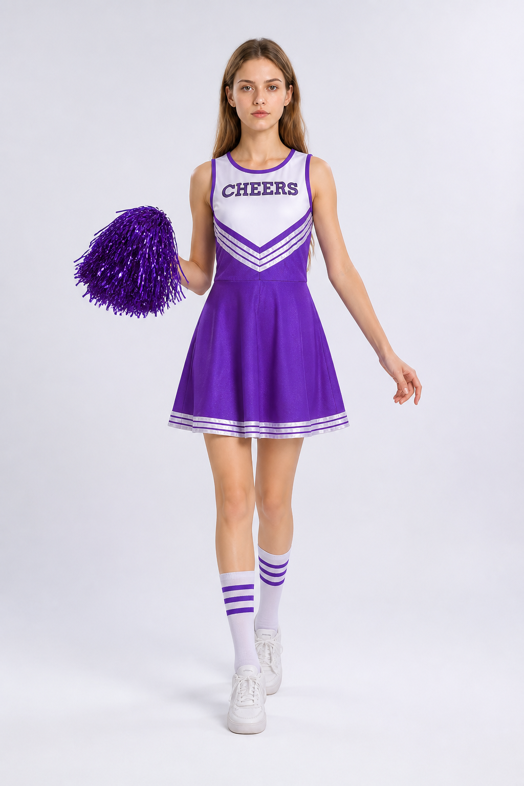 Cheerleader Costume with Pom-Poms and Striped Knee-High Socks Costumes detail 2