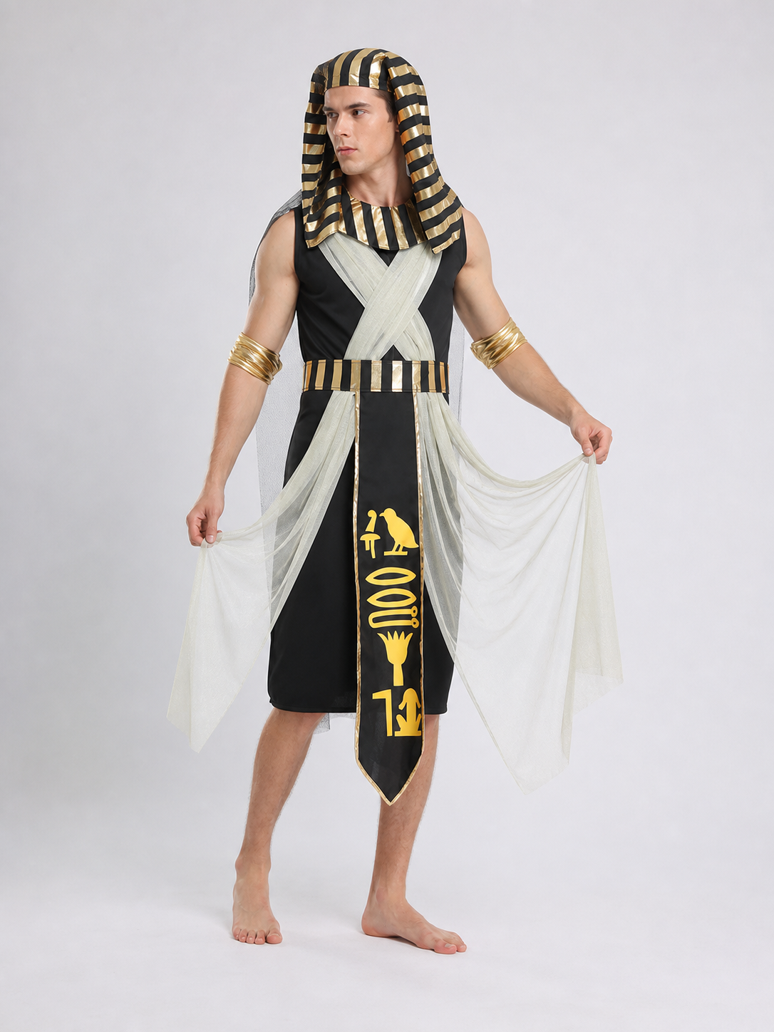 Men’s Egyptian Pharaoh Halloween Costume Set, 4-Piece Role Play Outfit with Headpiece, Neck Ornament and Belt for Cosplay Stage Performance