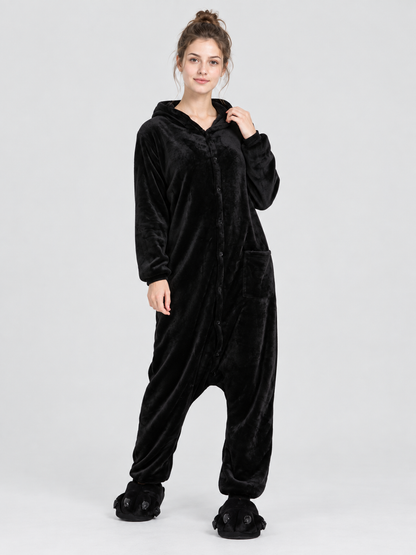 Black Flannel Hooded Pajama Jumpsuit