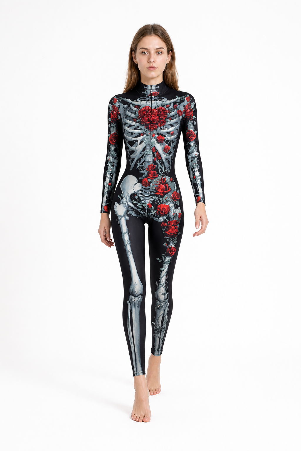 Black Skeleton Jumpsuit with Roses for Halloween Costumes detail 2