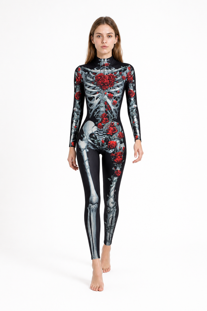 Black Skeleton Jumpsuit with Roses for Halloween Costumes detail 2