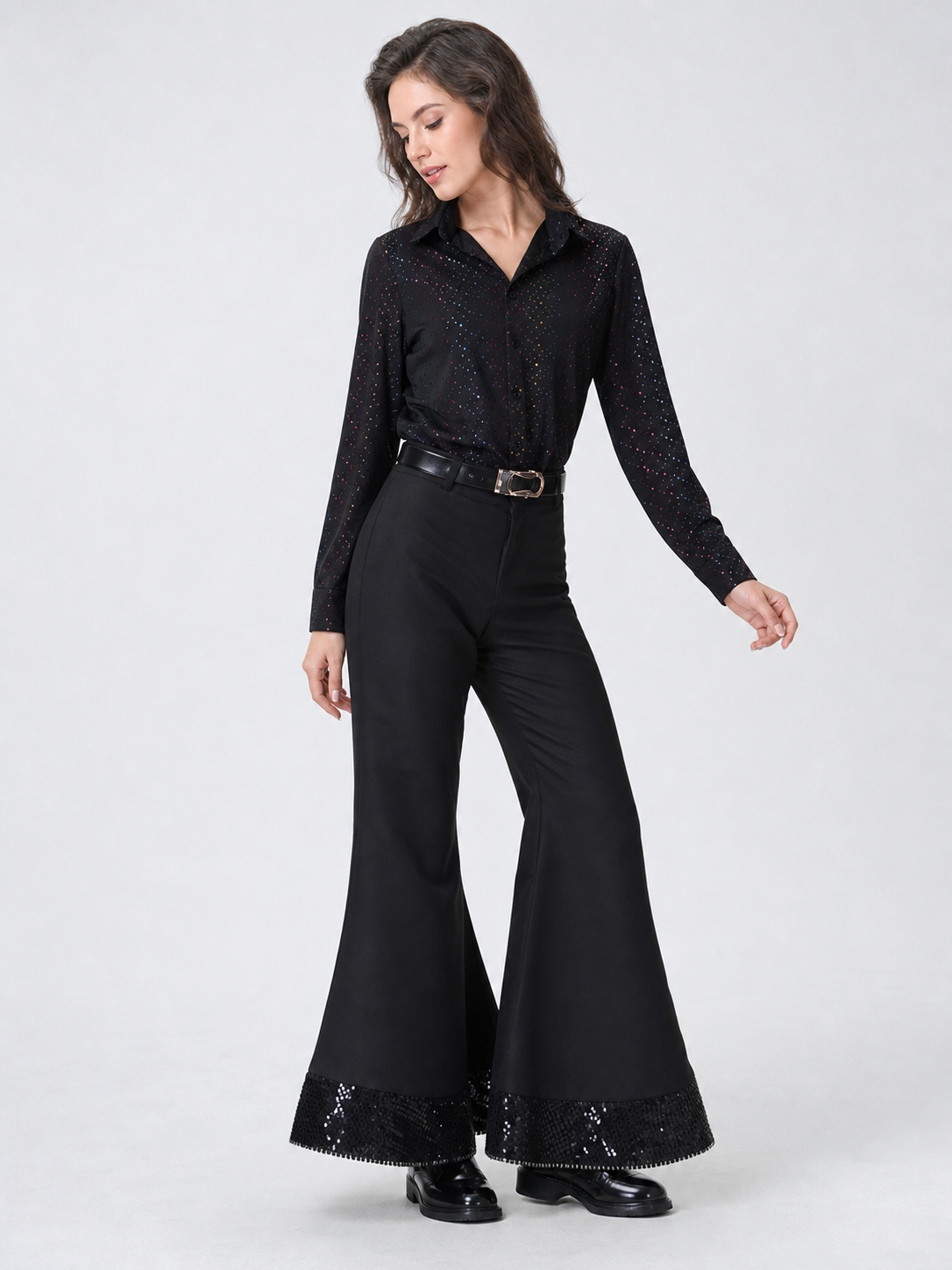 Retro disco-style stage performance costume. The set includes a black Costumes detail