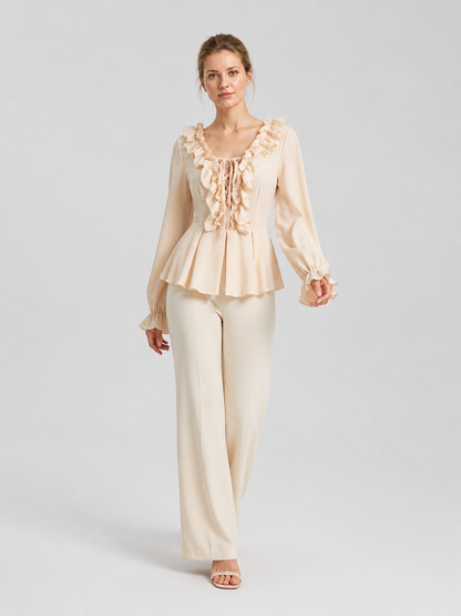 Cream Ruffled Lace-Up Renaissance Blouse product detail 2