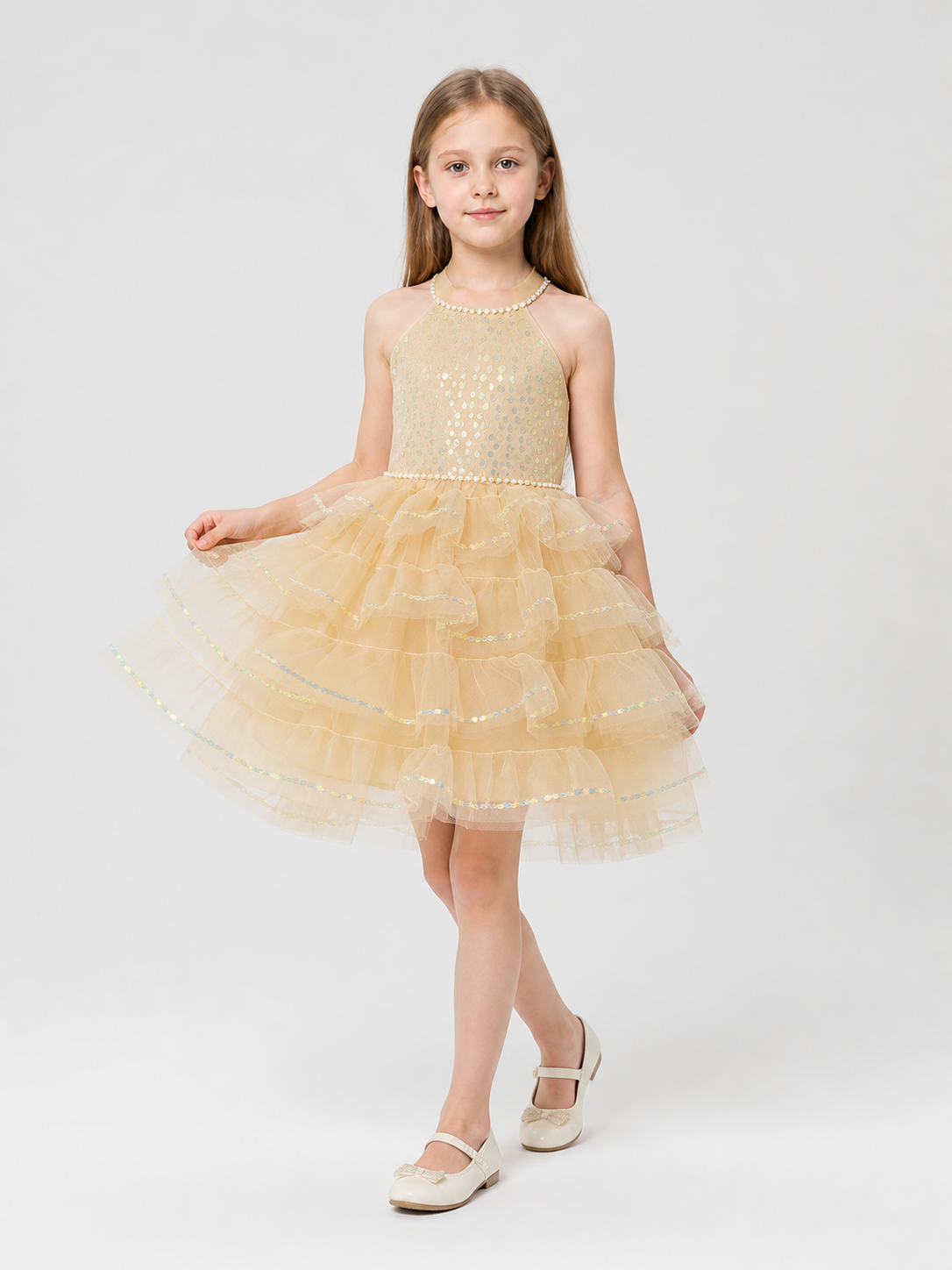 Full Dress with a Tiered Skirt and Pearl Embellishments Costume Dresses detail 2