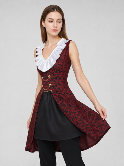 Cosplay costume with cape, chain, and trim