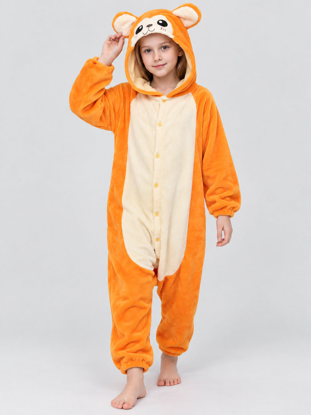 Orange Flannel Hooded Pajama Jumpsuit with Ears