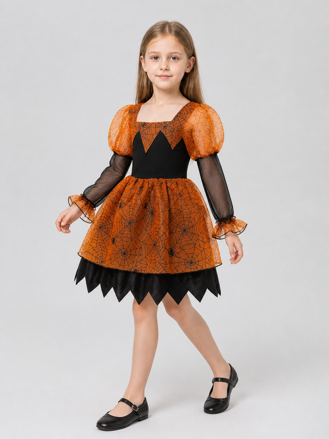 Children’s Halloween Dress, Black and Orange, with Spiderweb Pattern product detail 2