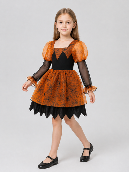 Children’s Halloween Dress, Black and Orange, with Spiderweb Pattern product detail 2