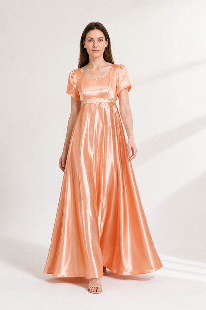 Orange Dress with Puff Sleeves and a High Waist