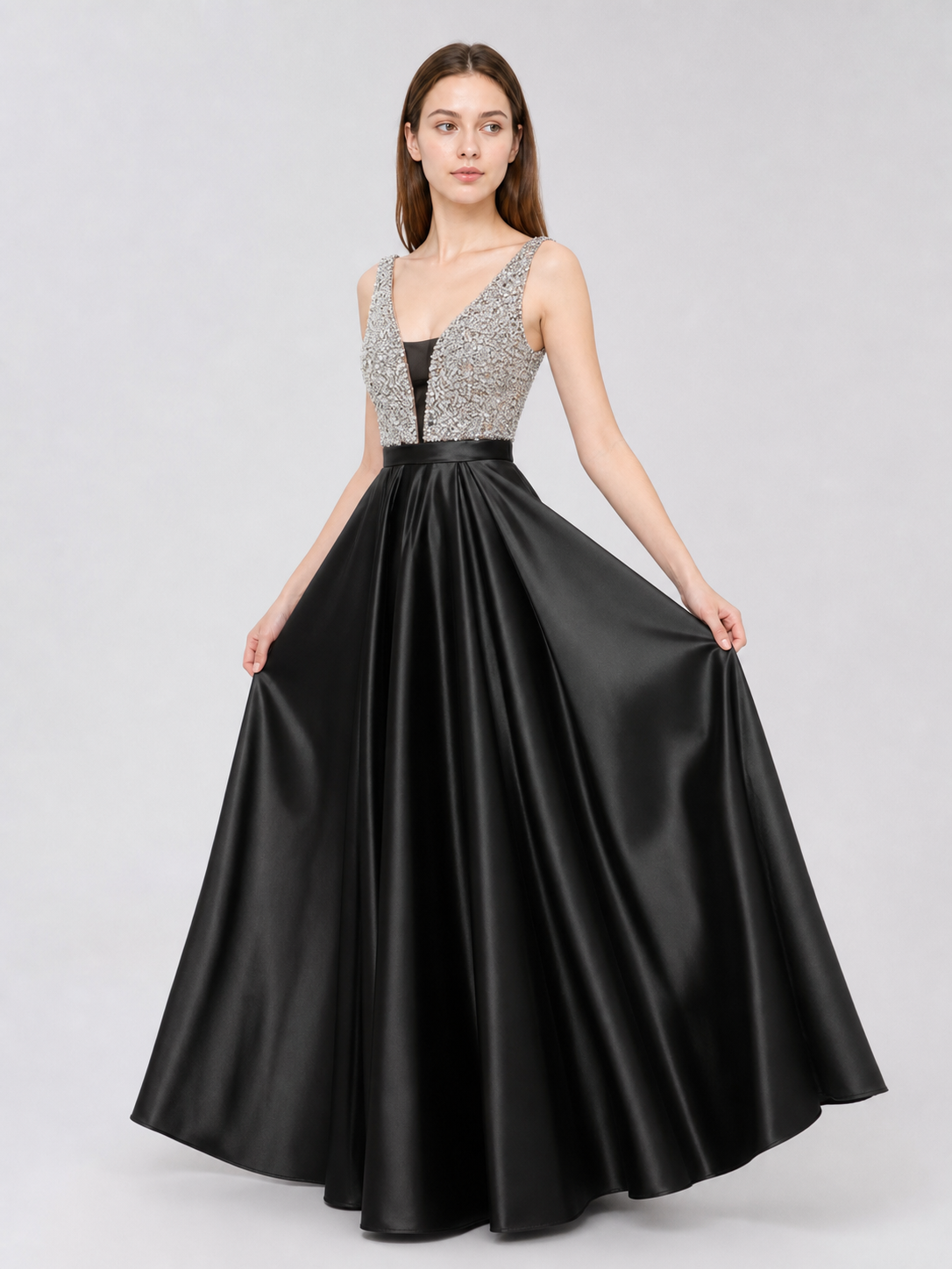 Long Evening Dress with a Deep V-Neckline