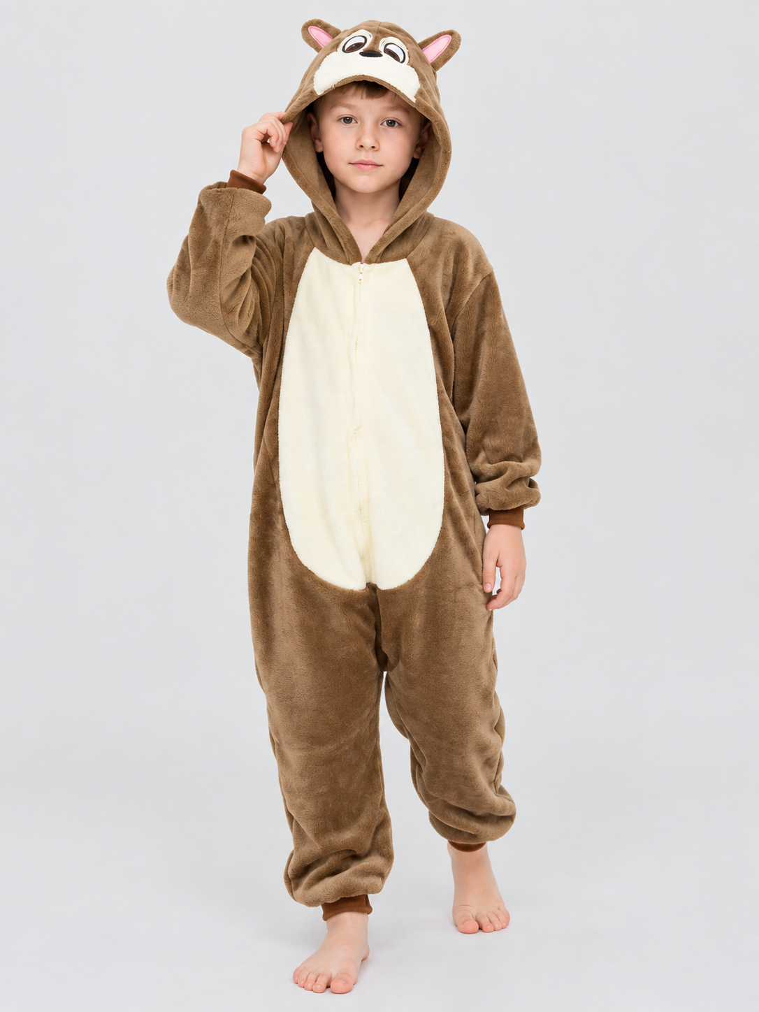Brown hooded children's pajama jumpsuit with ears