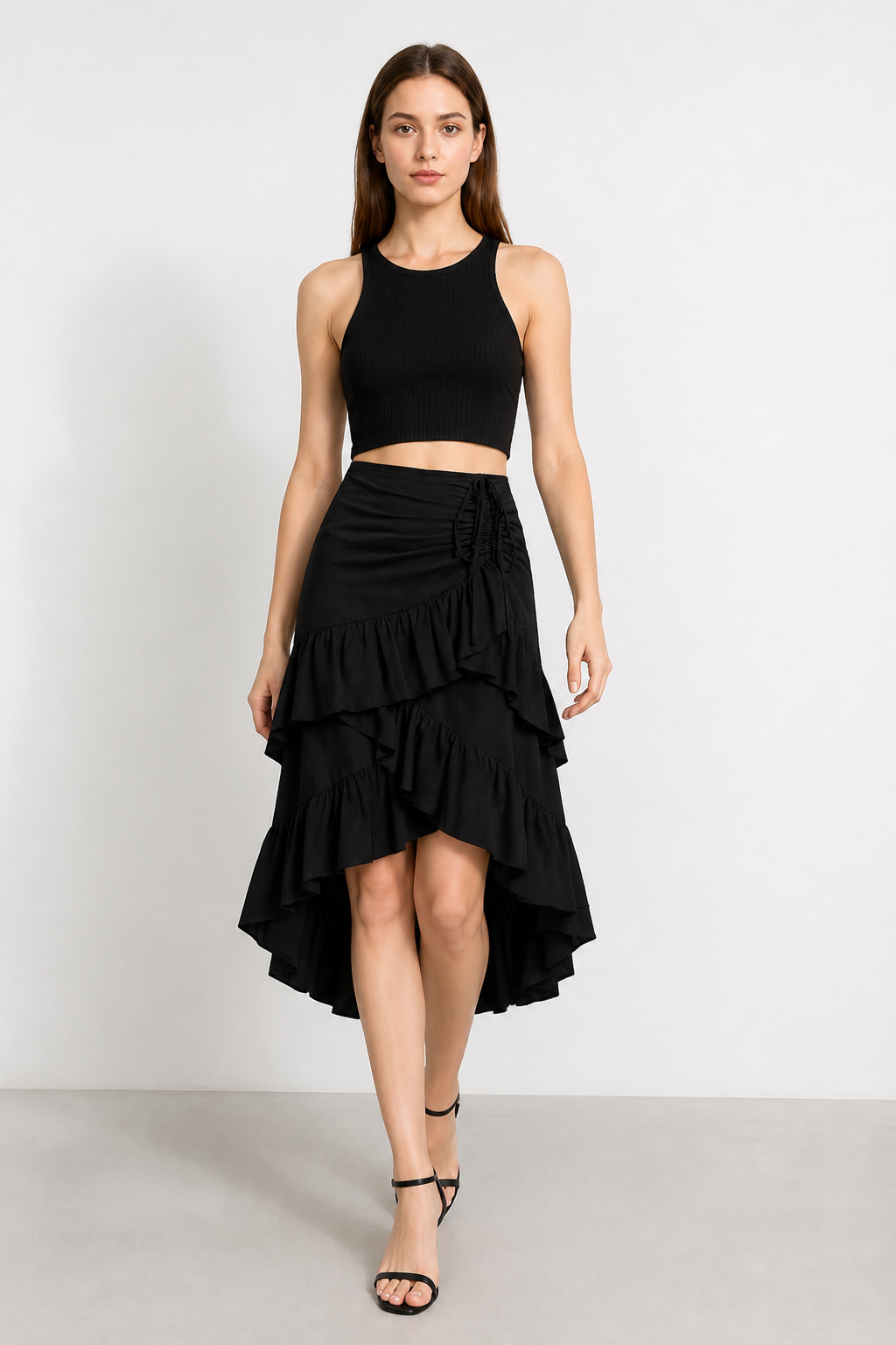 Black Asymmetrical Skirt with Tiered Ruffles product detail 2