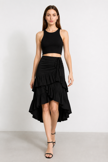 Black Asymmetrical Skirt with Tiered Ruffles product detail 2