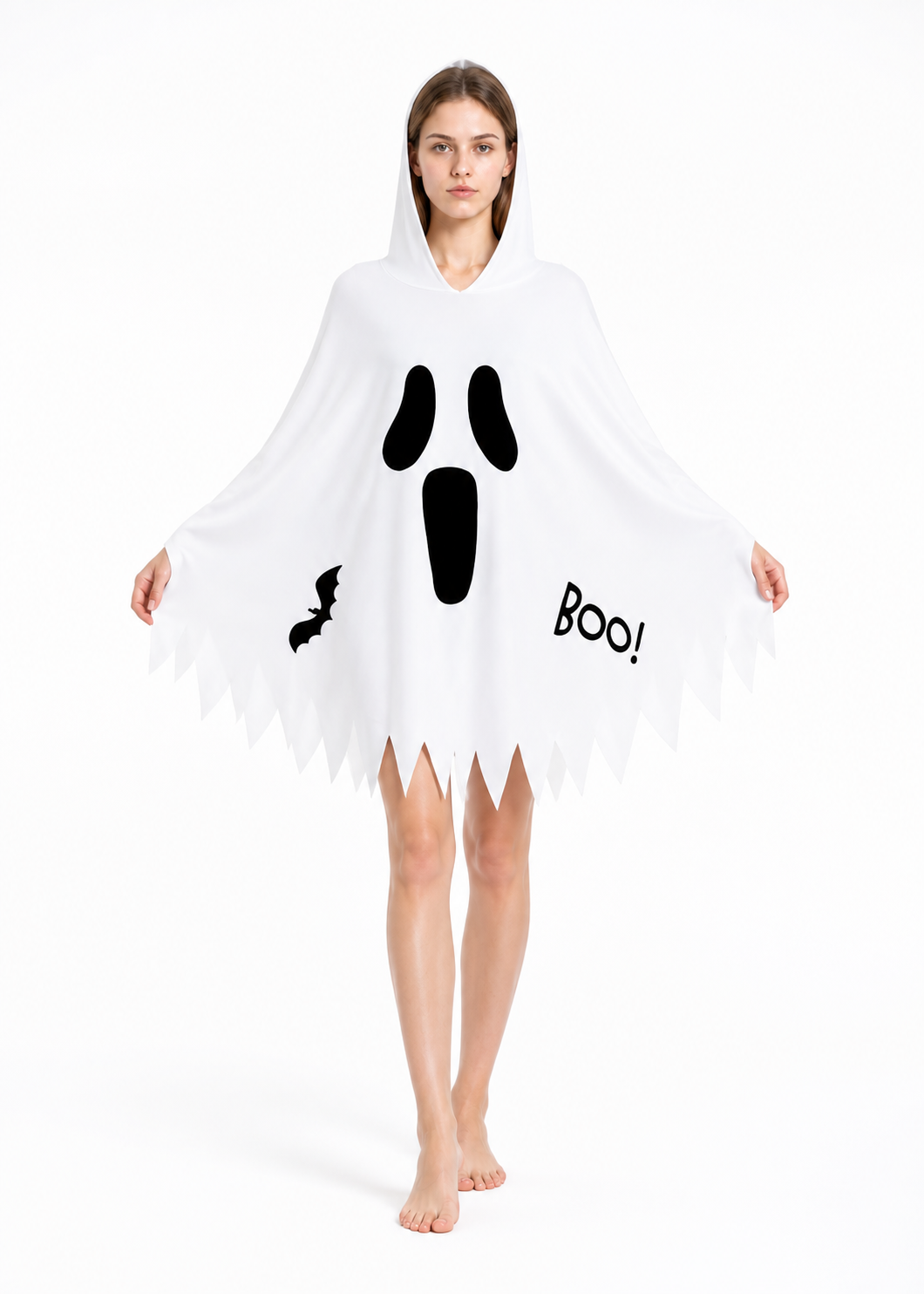 White Hooded Cape with Ghost Print for Halloween Costume Capes detail 2