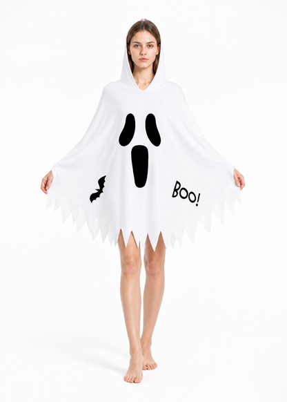 White Hooded Cape with Ghost Print for Halloween Costume Capes detail 2