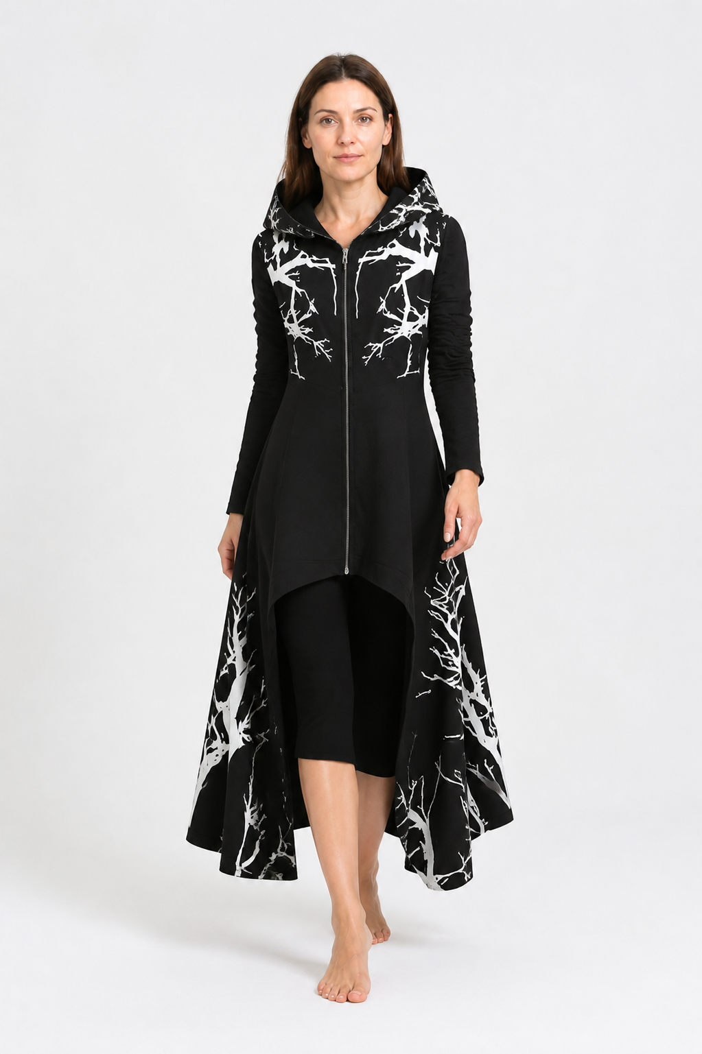 Long Hooded Cloak with White Branch Print Costume Capes detail 2