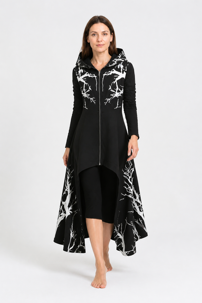 Long Hooded Cloak with White Branch Print Costume Capes detail 2