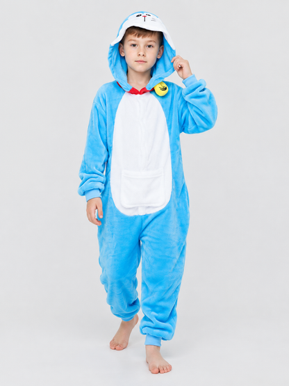 Blue Flannel Hooded Pajama Jumpsuit