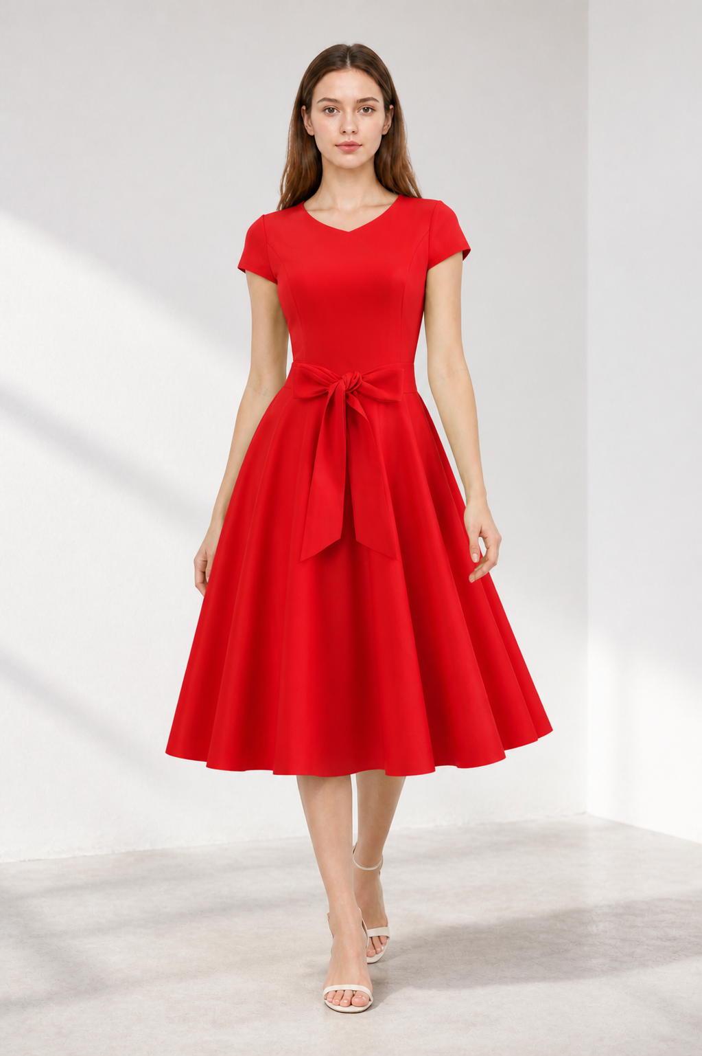 Red Dress with a V-Neck, Bow, and Ribbon Costume Dresses detail 2