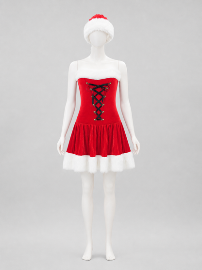 Red Christmas Dress with White Trim and Hat Costume Dresses detail 2