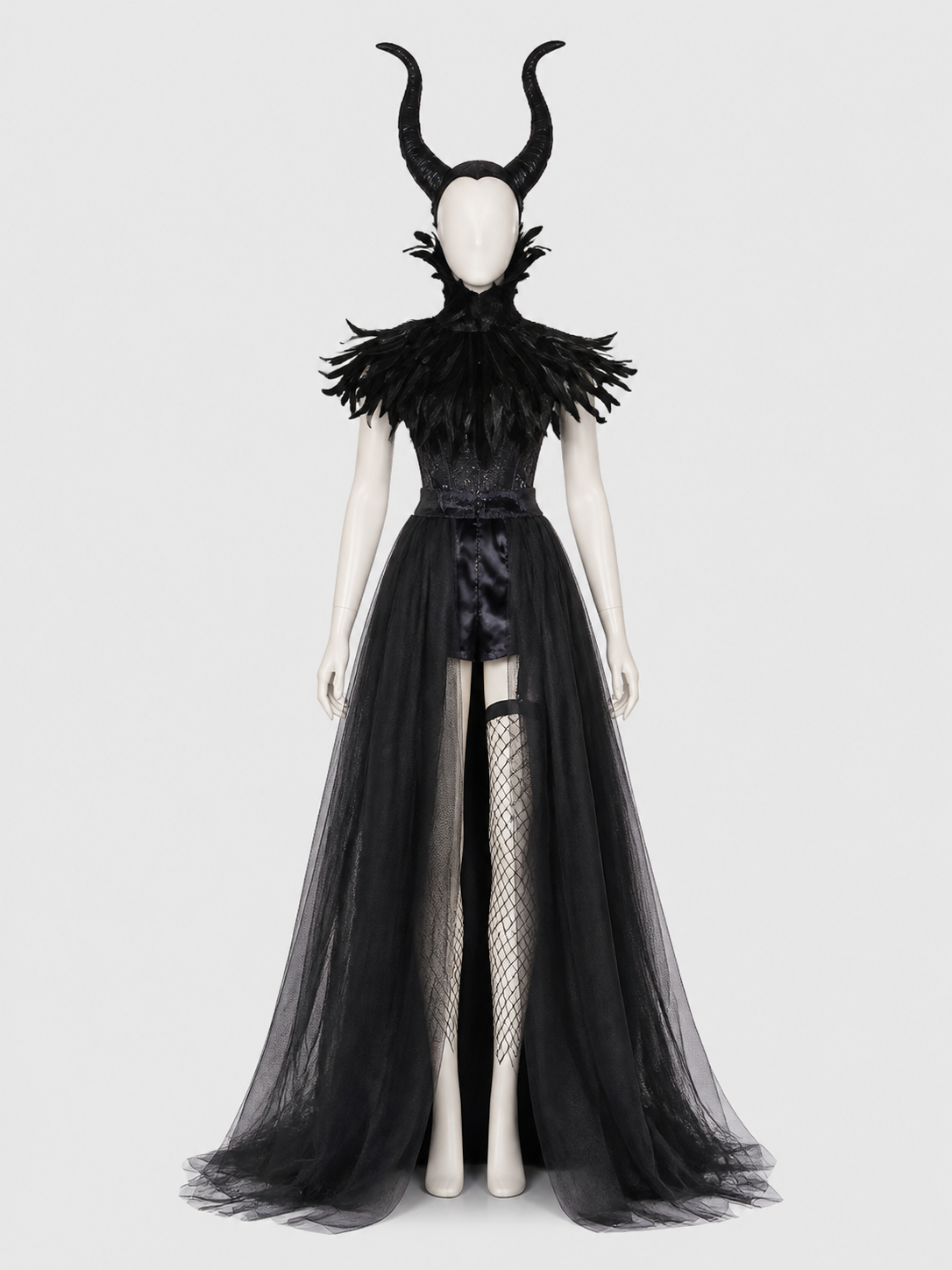 Black Fantasy Character Costume with Horned Headpiece