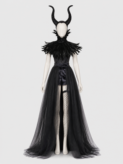 Black Fantasy Character Costume with Horned Headpiece