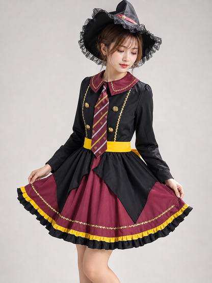 The costume dress features a combination of black, burgundy, gold, and yellow colors. The design has a black long sleeve and a burgundy notched collar attached to the dress bodice. The front is decorated with a diagonal striped panel, while