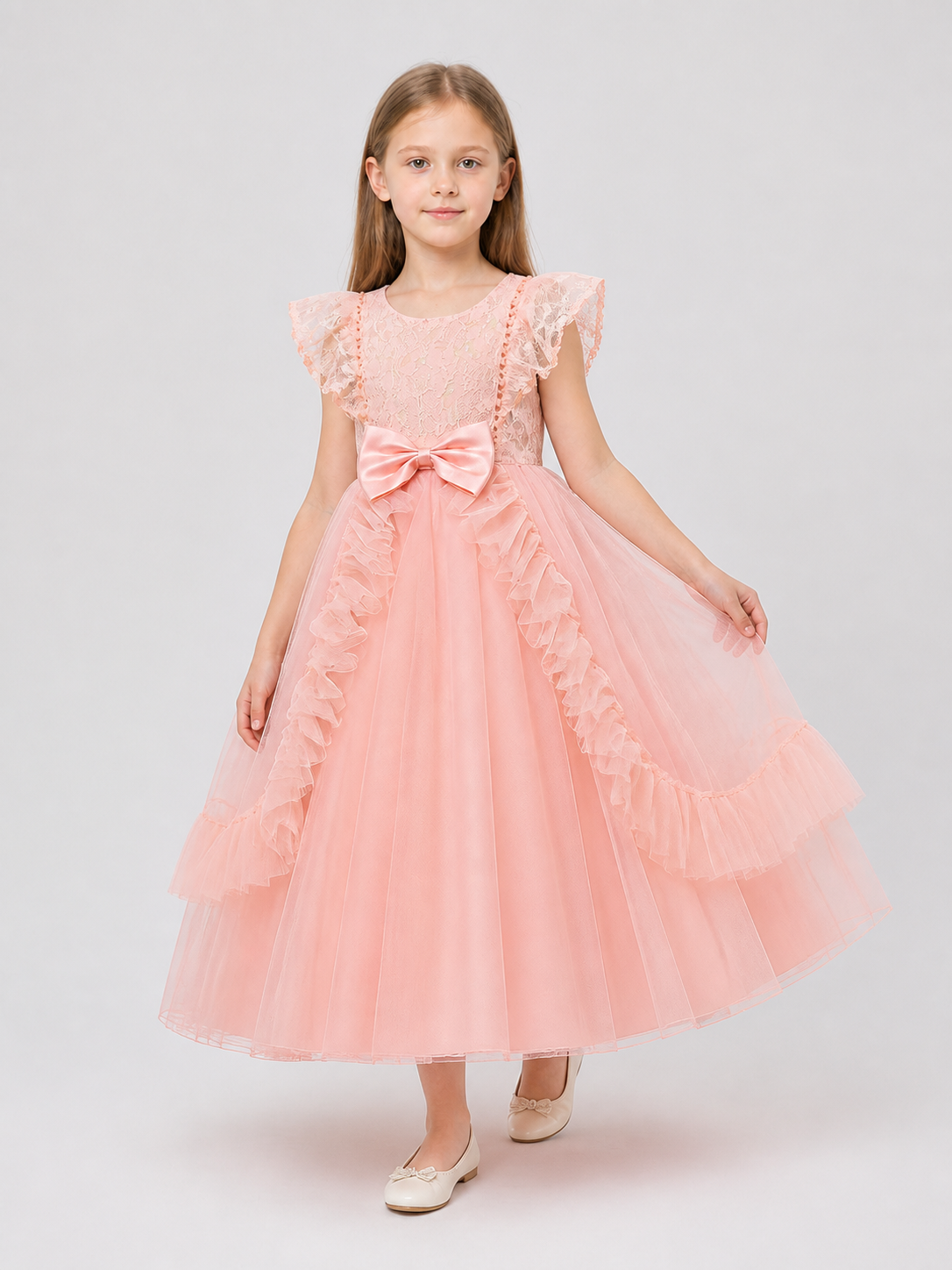 Dressy Pink Princess Dress with Bow and Full Skirt Costume Dresses detail 2