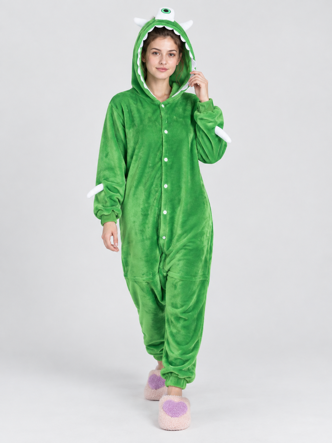 Insulated Green Hooded Pajama Jumpsuit with Decor