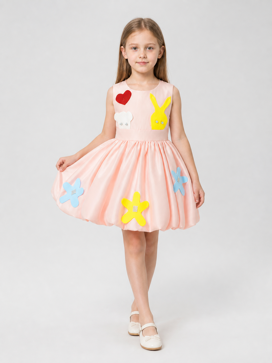 Elegant Dress with 3D Appliqués and a Full Skirt