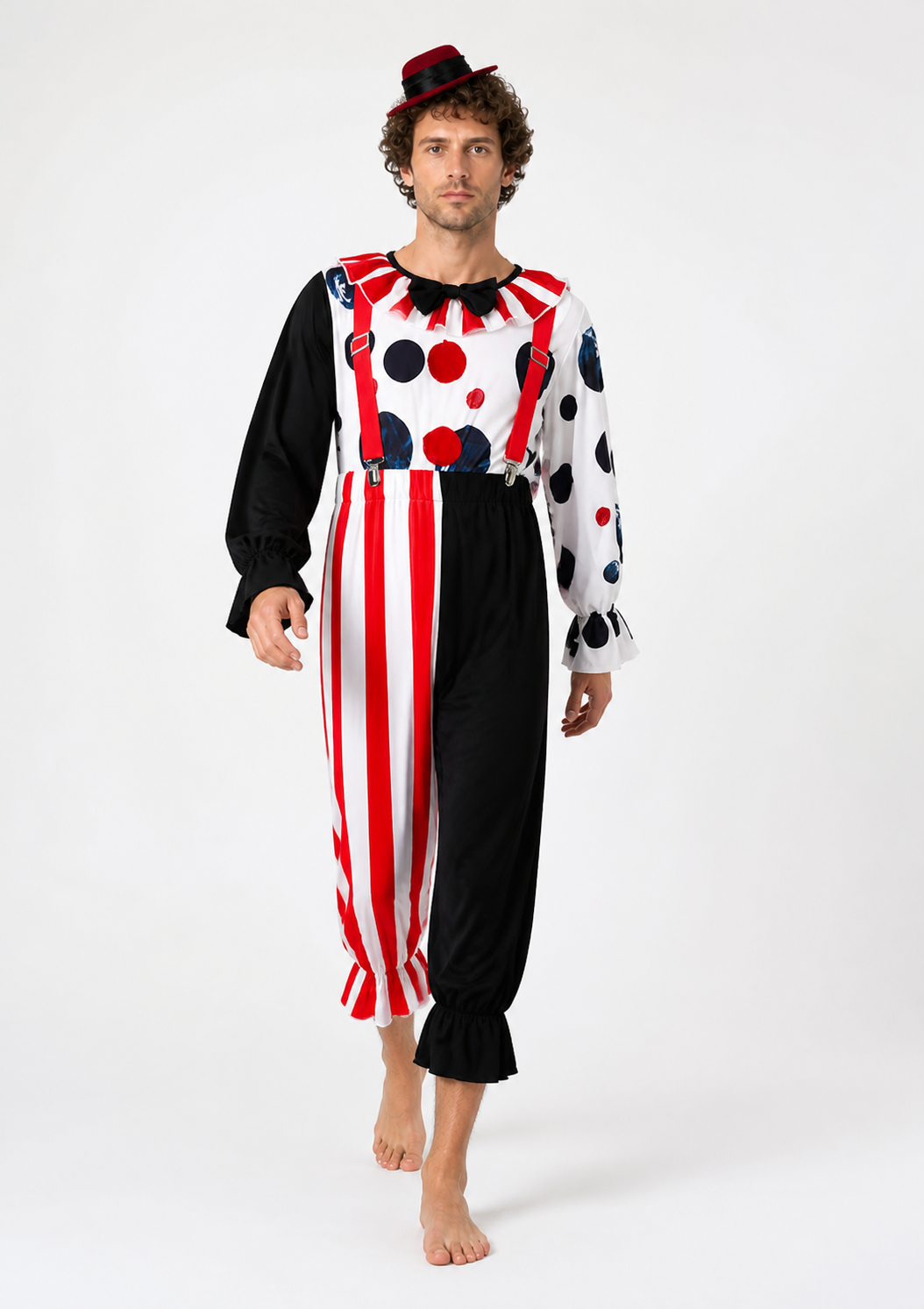 Clown Costume with Pants and Hat, Red, White, and Black Costume Headwear detail 2