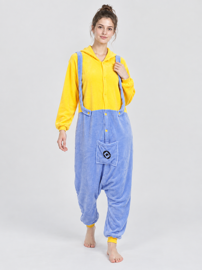 Yellow and Blue Flannel Hooded Pajama Jumpsuit