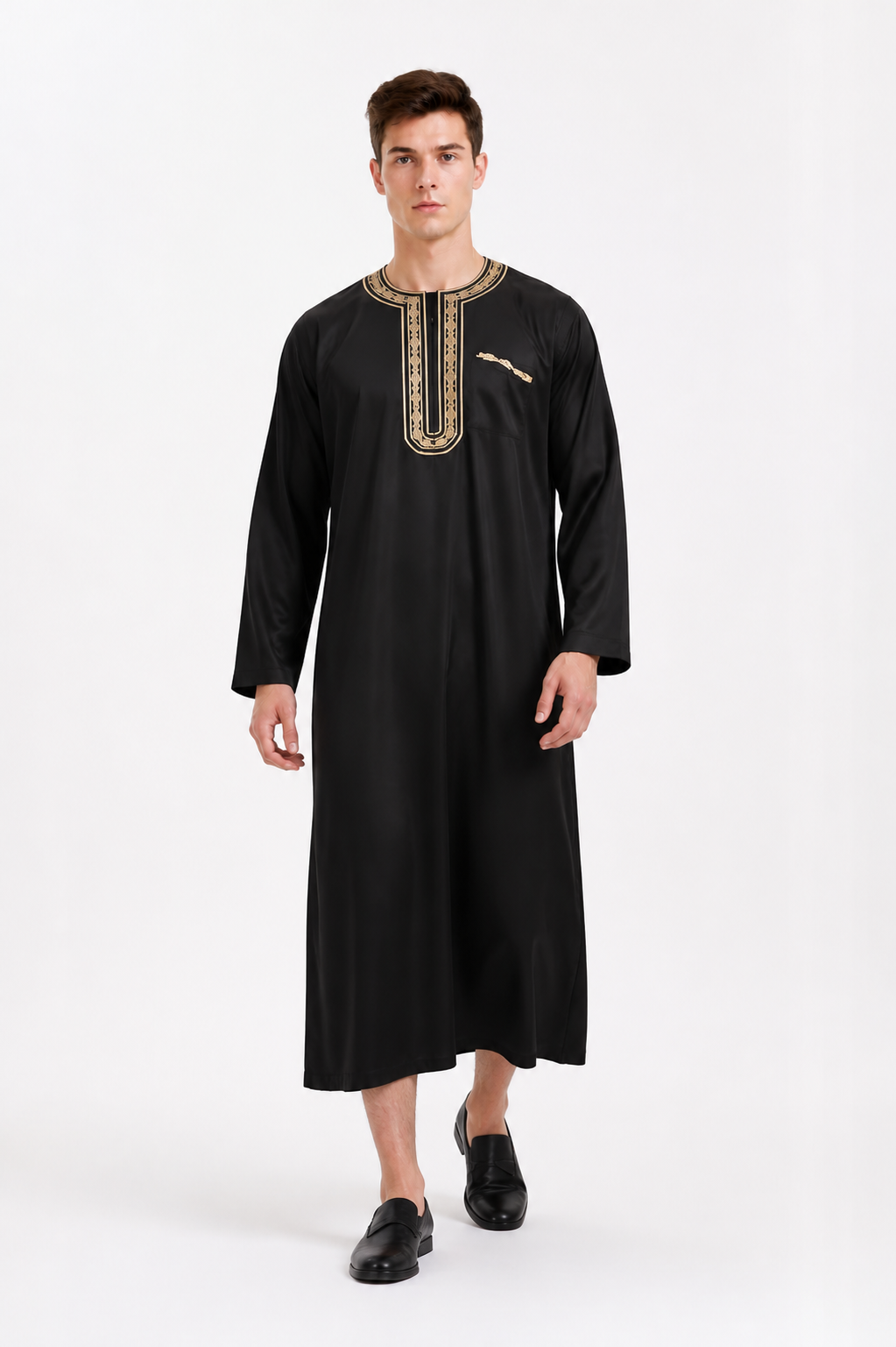 Long Black Abaya with Gold Collar Trim product detail 2