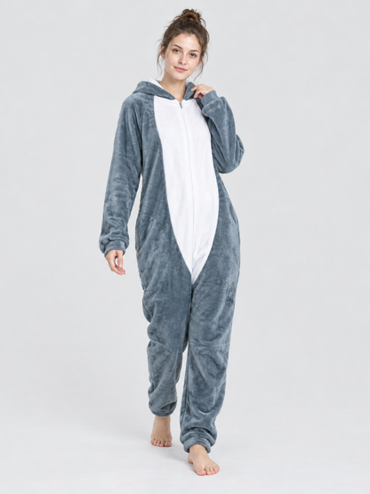 Flannel Pajama Jumpsuit Gray-Blue with Hood