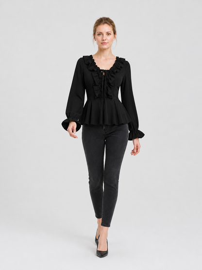 Black Fitted Blouse with Ruffles and Tie product detail 2
