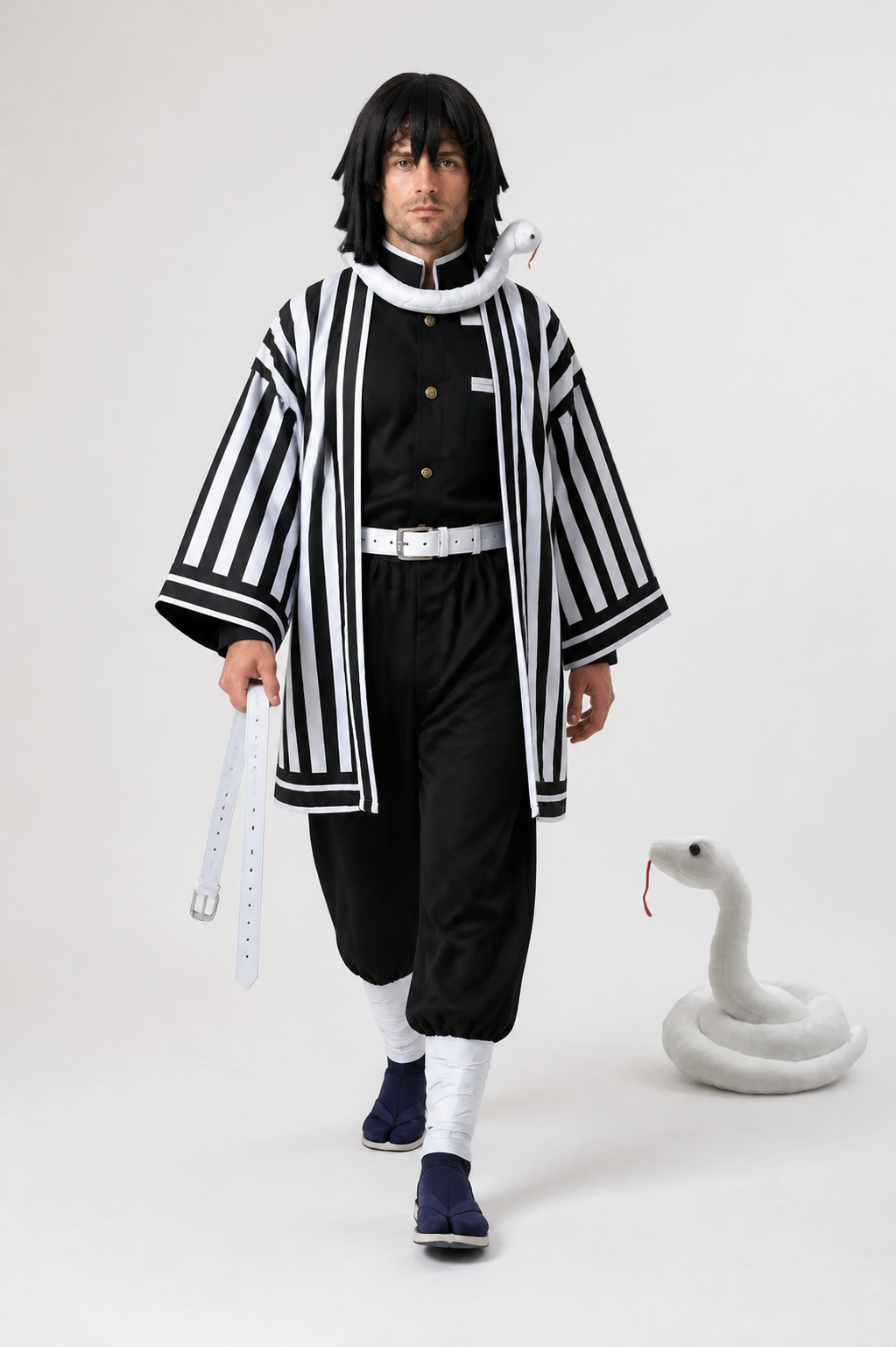 Obanai Iguro Cosplay Costume with Striped Kimono and Wig Costume Wigs detail 2