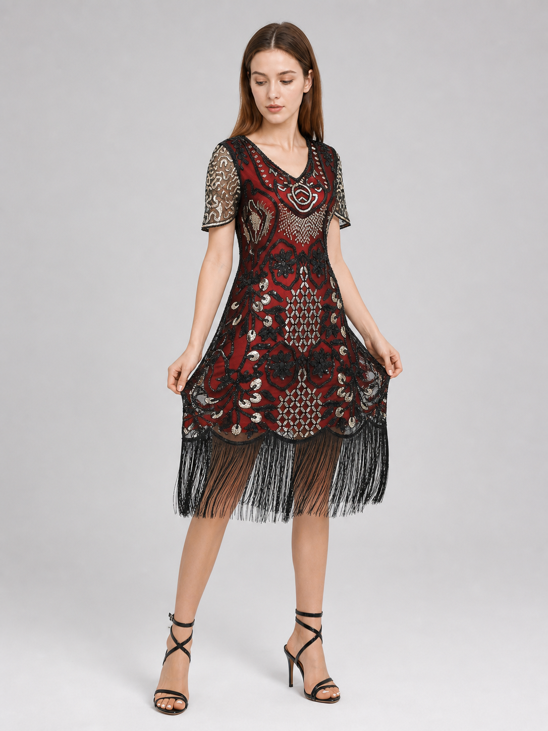 Flapper-Style Dress with Sequins and Fringe