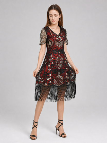 Flapper-Style Dress with Sequins and Fringe