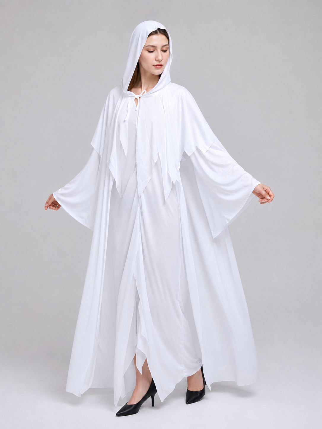 White ghost costume with hood and sleeves on-model alternate view
