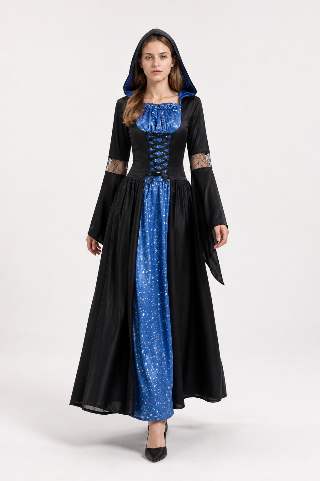 Long Black and Blue Witch Dress with Hood and Stars Costume Dresses detail 2