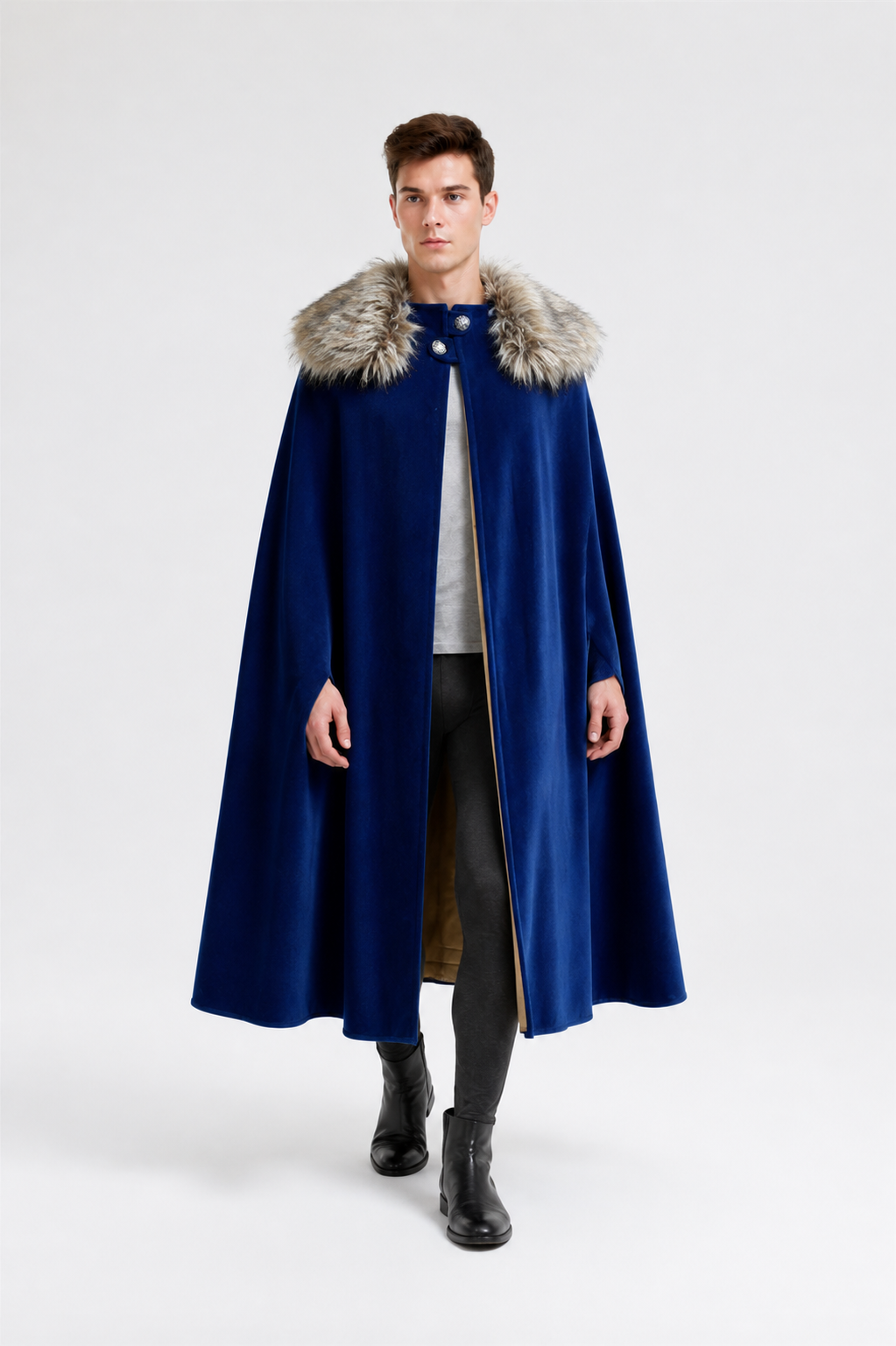 Long Blue Cape with Fur Collar Costume Capes detail 2