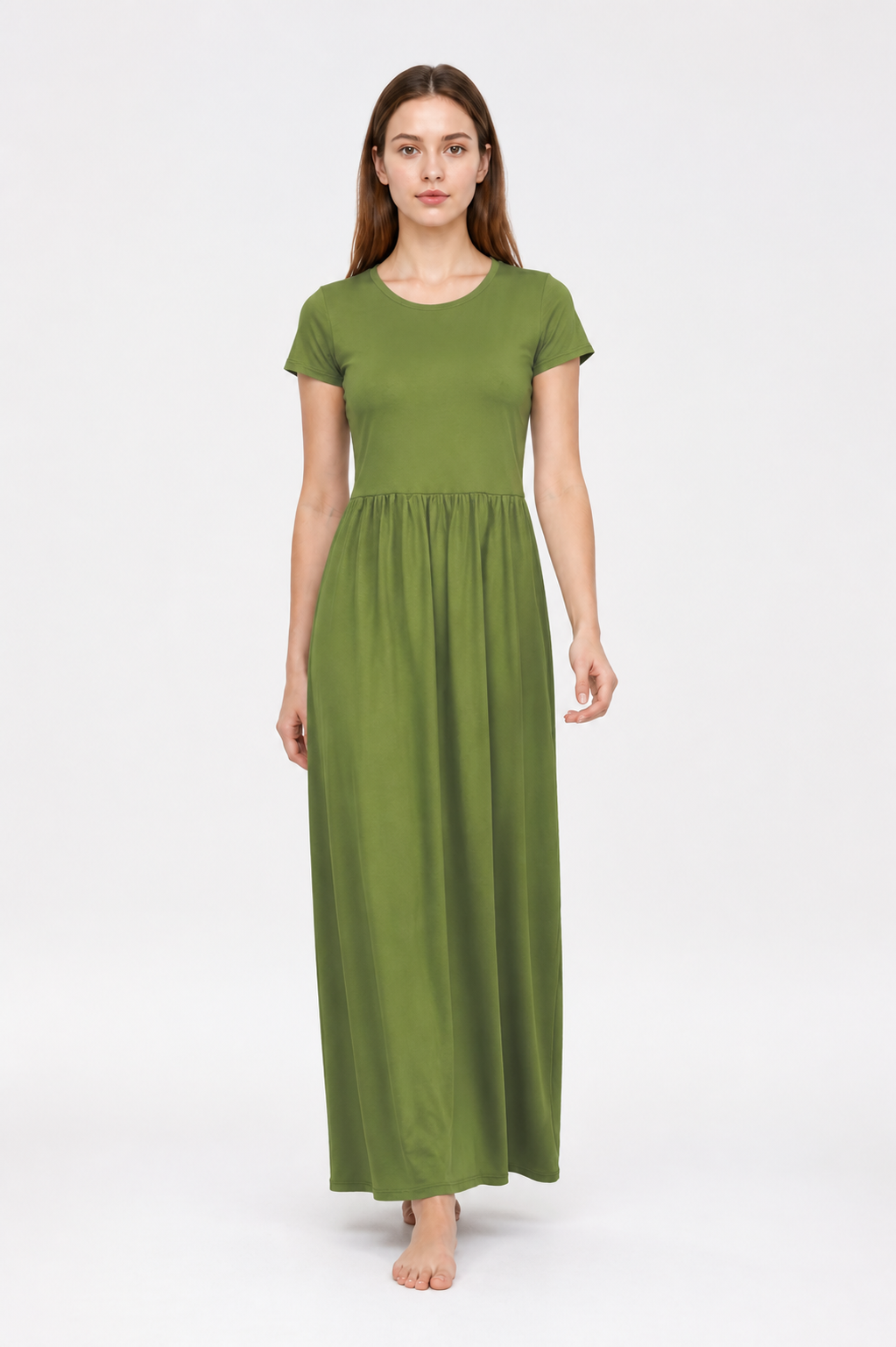 Olive Dress with Short Sleeves and Gathering at the Waist Costume Dresses detail 2