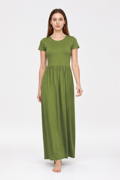 Olive Dress with Short Sleeves and Gathering at the Waist Costume Dresses detail 2