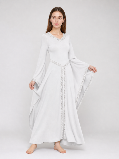 White Maxi Dress with Embroidery and Flared Sleeves