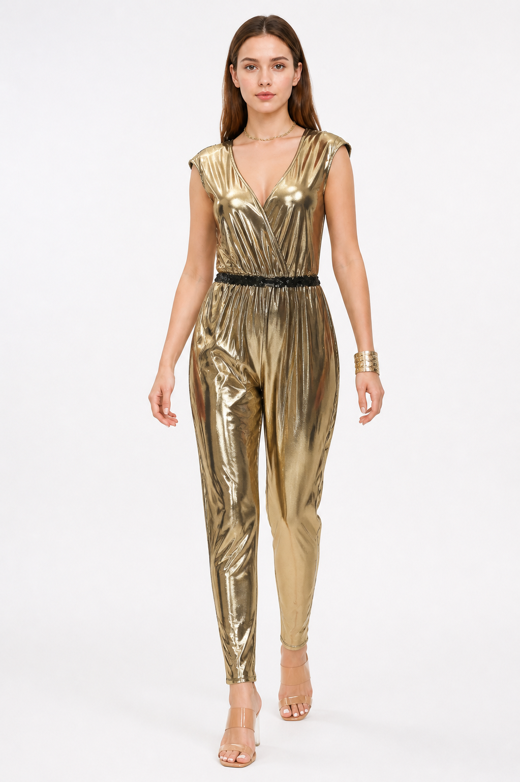 Gold Sleeveless Jumpsuit with V-Neck product detail 2