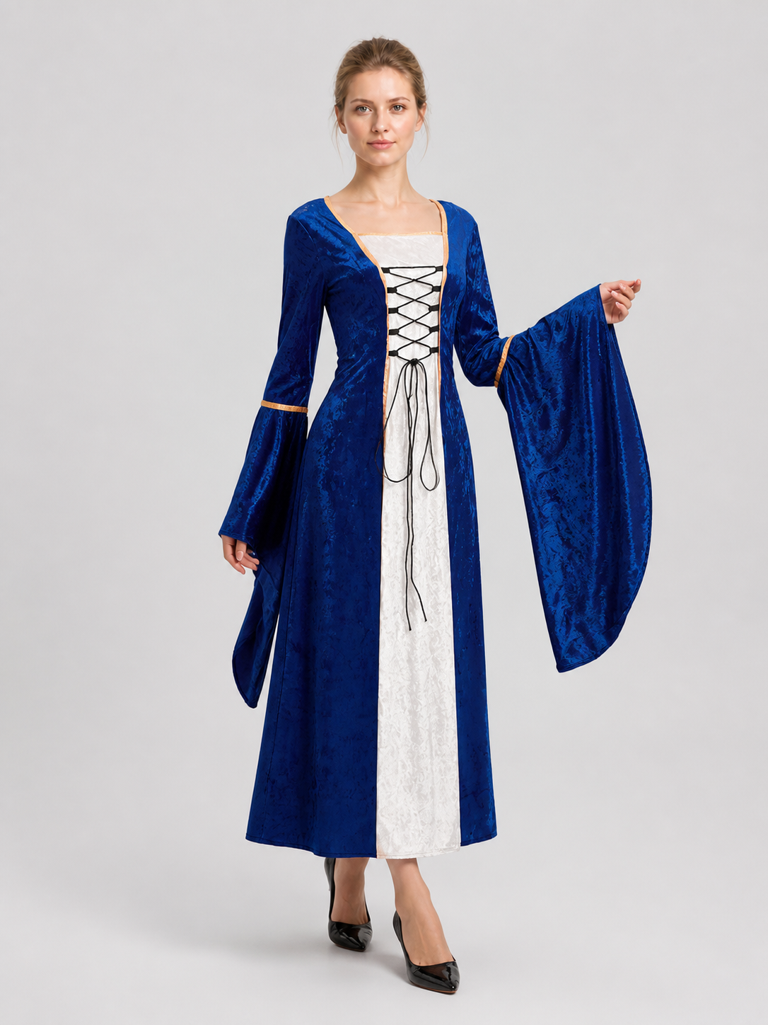 Retro-Style Dress with Flared Sleeves and Lace-Up Detail Costume Dresses detail 2